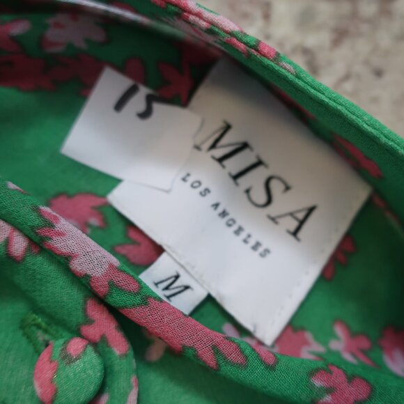 Womens Misa Los Angeles Green, Pink Floral Print Ruffle Button Down Blouse M - Picture 6 of 6